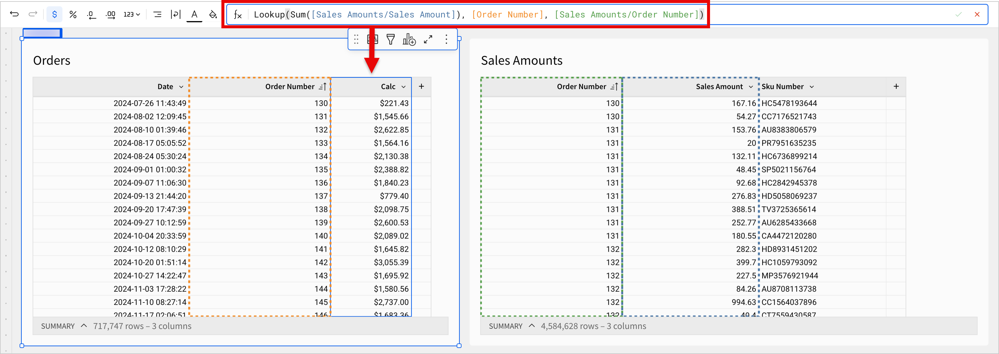 A user enters the provided example formula in the Sigma UI, demonstrating the output over several records in a table.