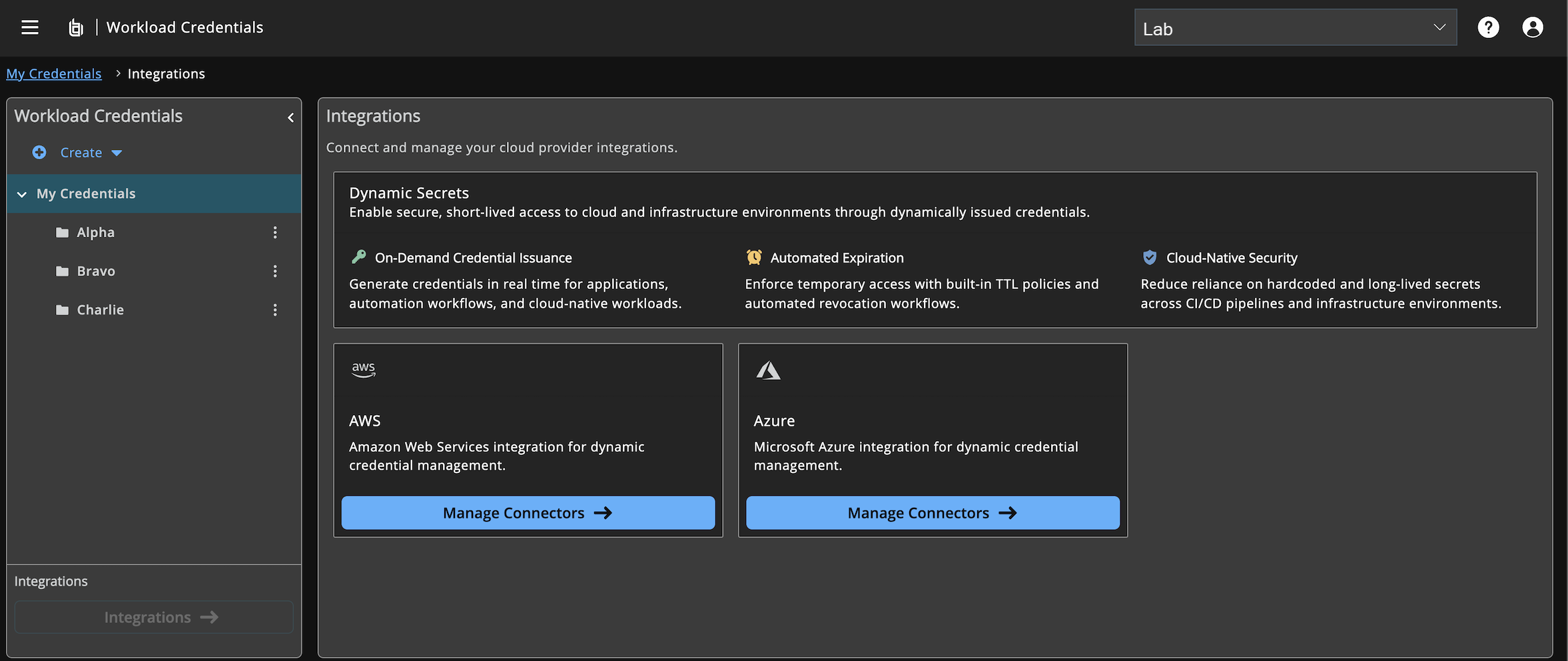 Integrations page with a Dynamic Secrets banner and AWS and Azure cards, each with a Manage Connectors button.