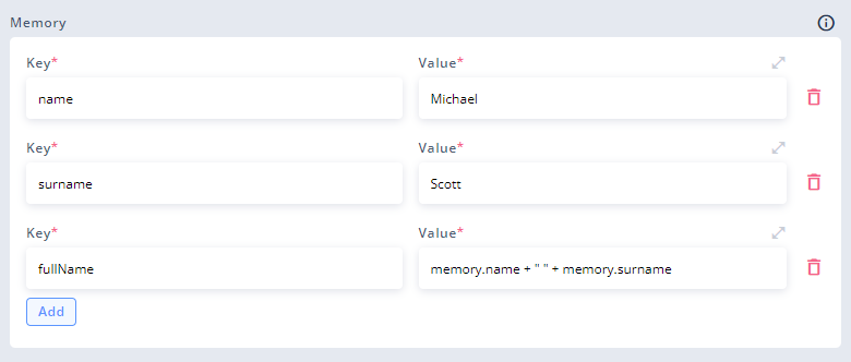 `memory.fullName` uses values saved in the same block: `memory.name` and `memory.surname`.