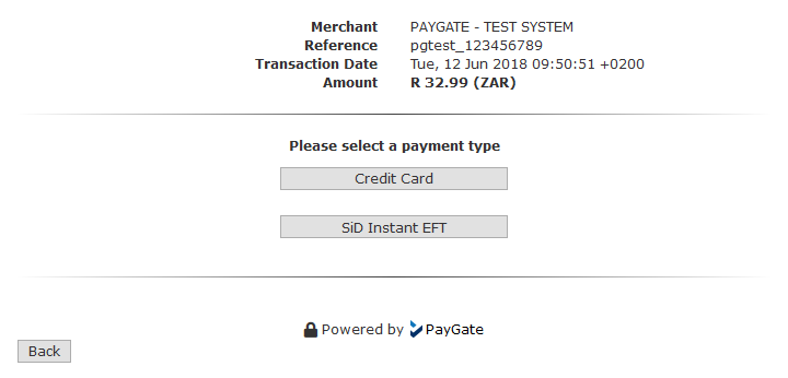Screenshot of a non-customised PayWeb3 menu page showing available payment methods.