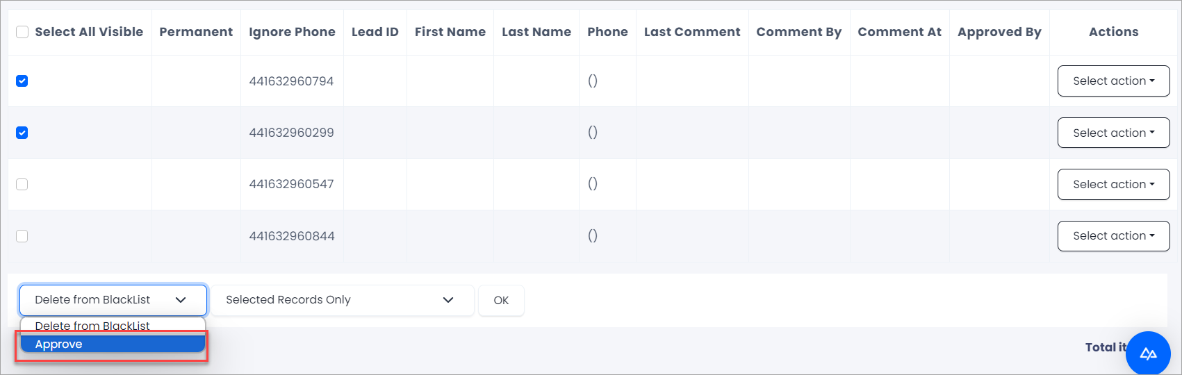 Screenshot of approving blacklisted leads in bulk