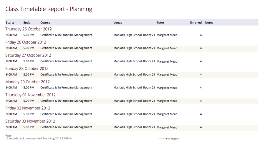 Figure 312. Class Timetable Planning Report