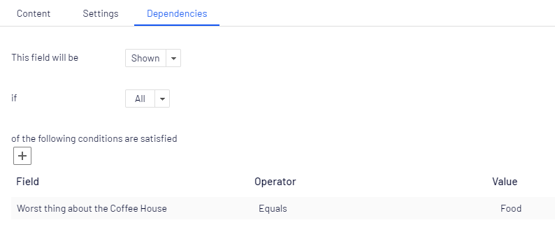 Screenshot of the Dependencies tab where setting a condition to show the Food complaints field when Food is selected