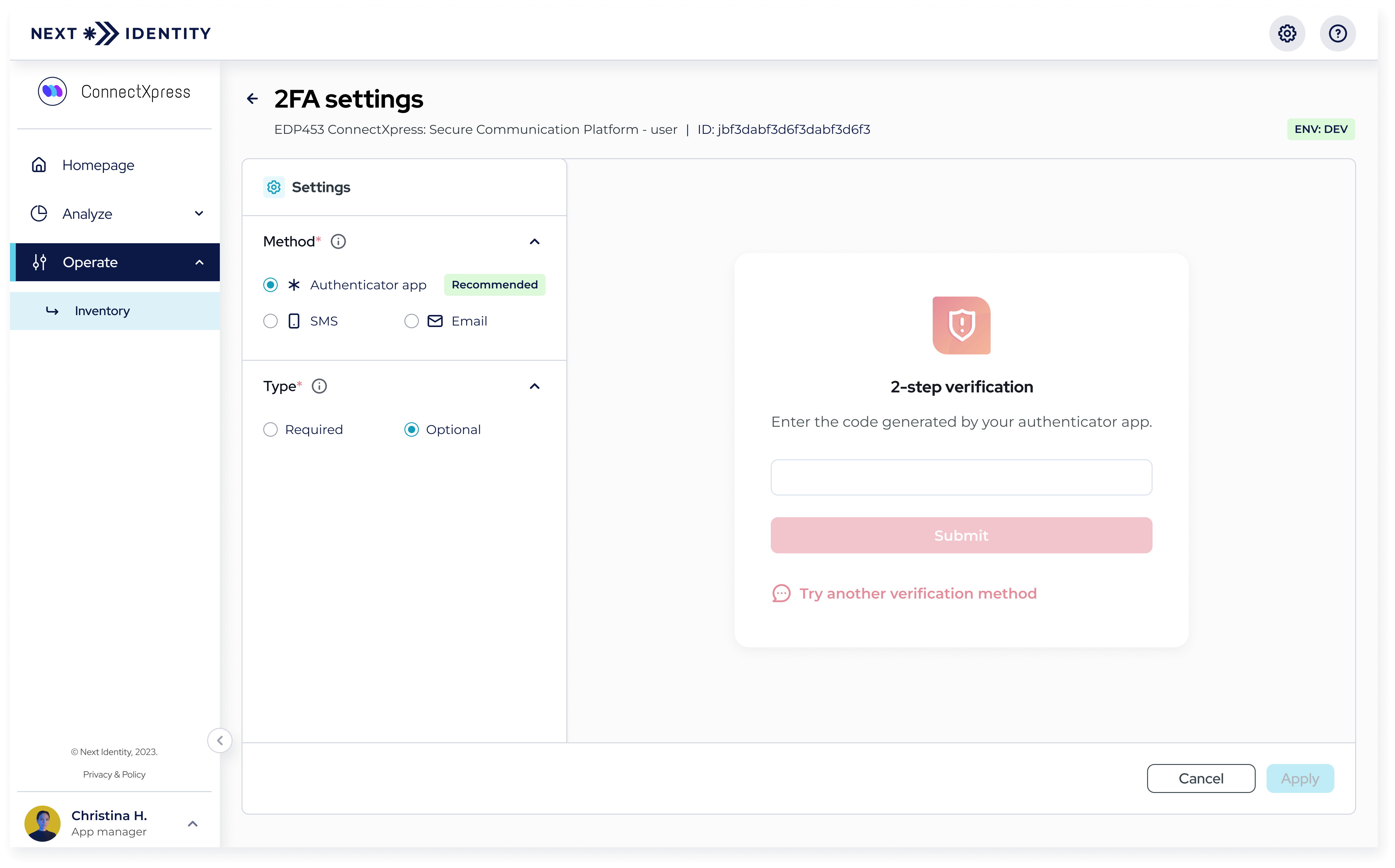 2FA Settings page