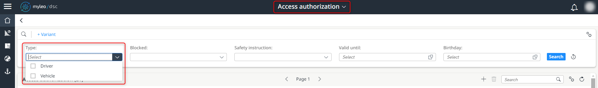 Selection of the type within the access authorisation app