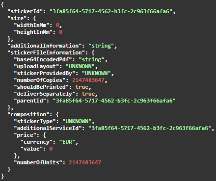 The example value of the AddSalesOrderAdditionalStickerService endpoint