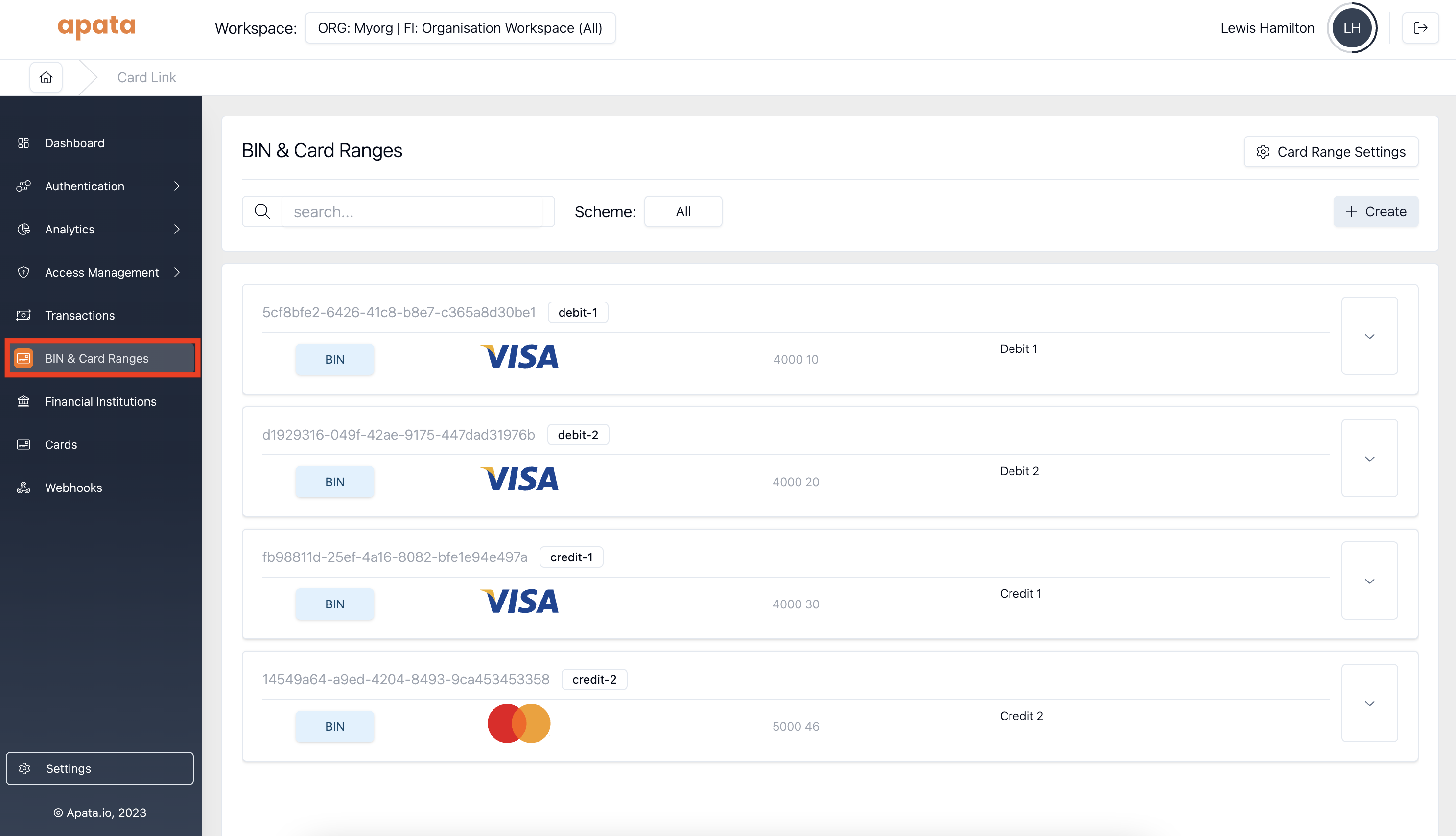 BINs and card ranges page with its menu option highlighted