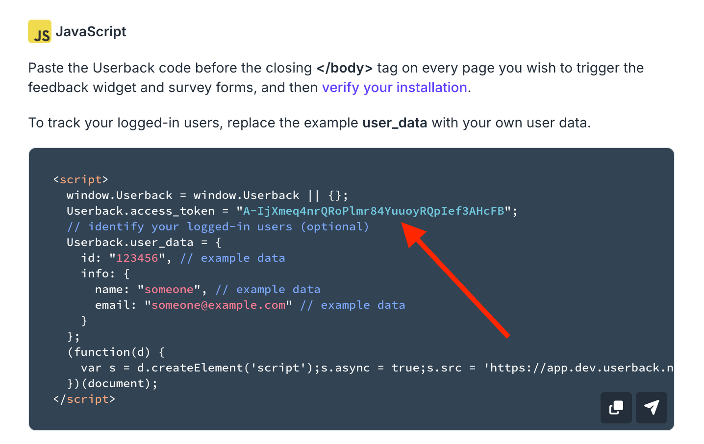 Userback Code icon location in workspace