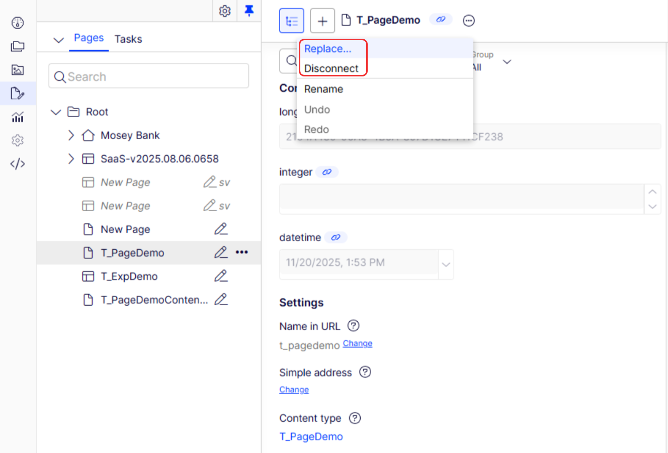 Replace and disconect connected content type