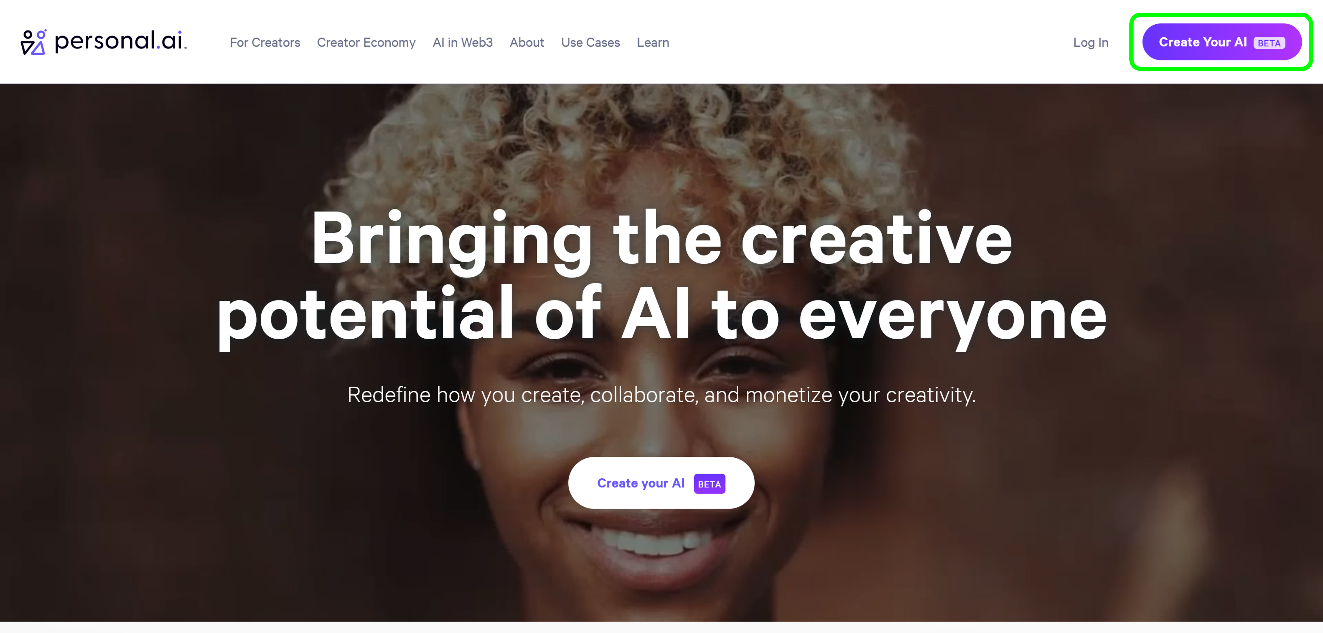 Screenshot of "Create Your AI" on main website
