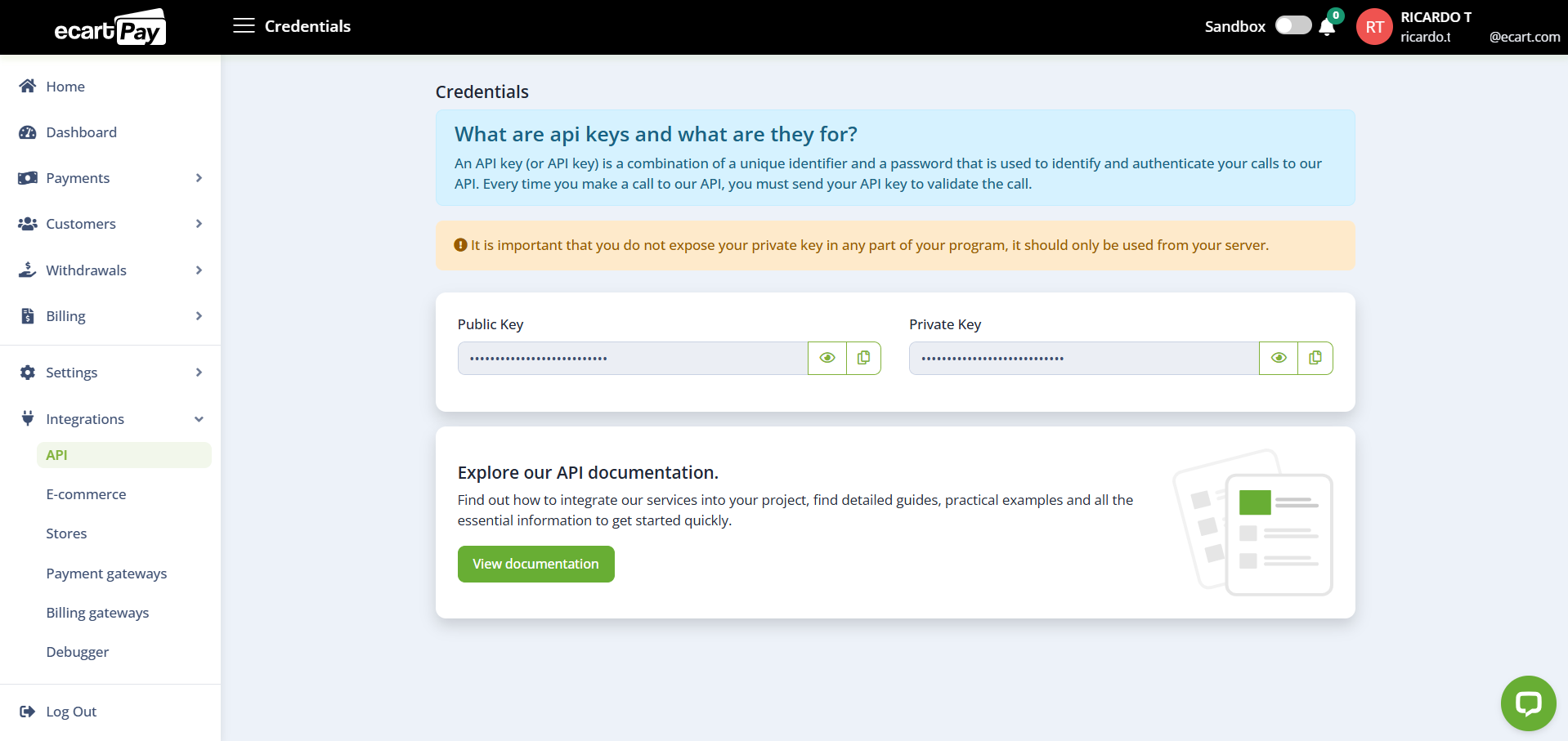 Image 2. API Section with both Public and Private Keys