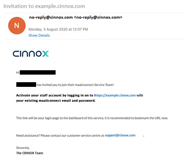 Example of legitimate email from CINNOX