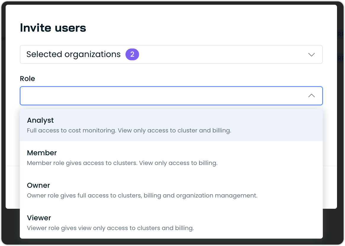 Child organization role selection showing Owner, Member, Viewer, and Analyst options
