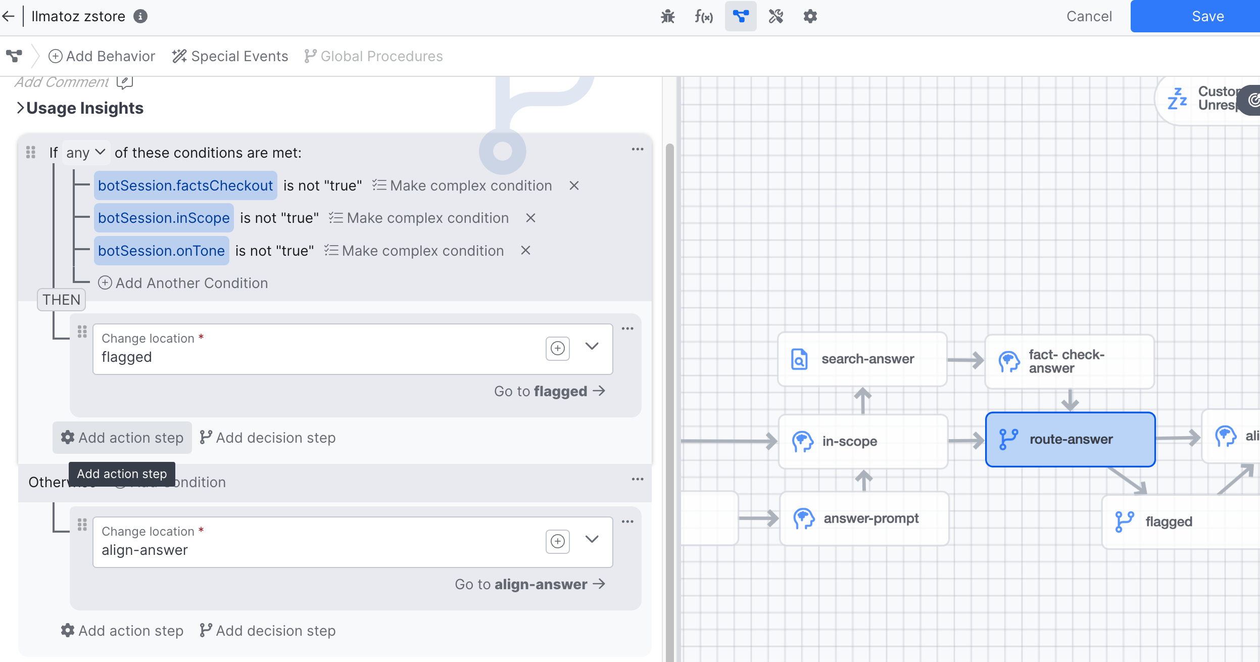 Preparing to add another action in an Execute Logic behavior