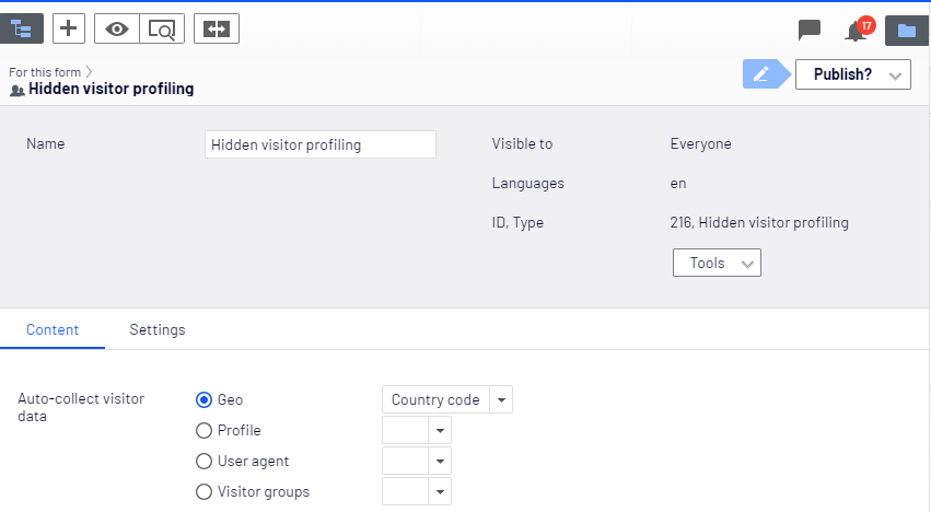 Screenshot of the Hidden visitor profiling element Content tab with Auto-collect visitor data options where editors select data types like Geo, Profile, or User agent