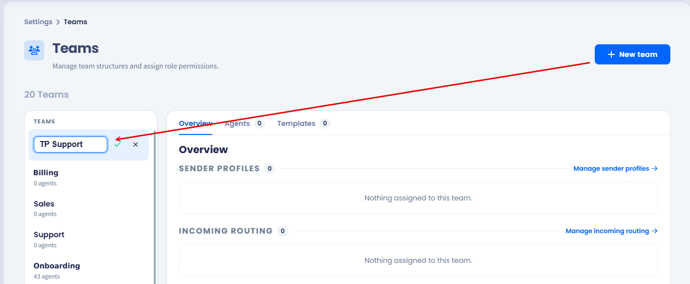 Screenshot of creating a new team