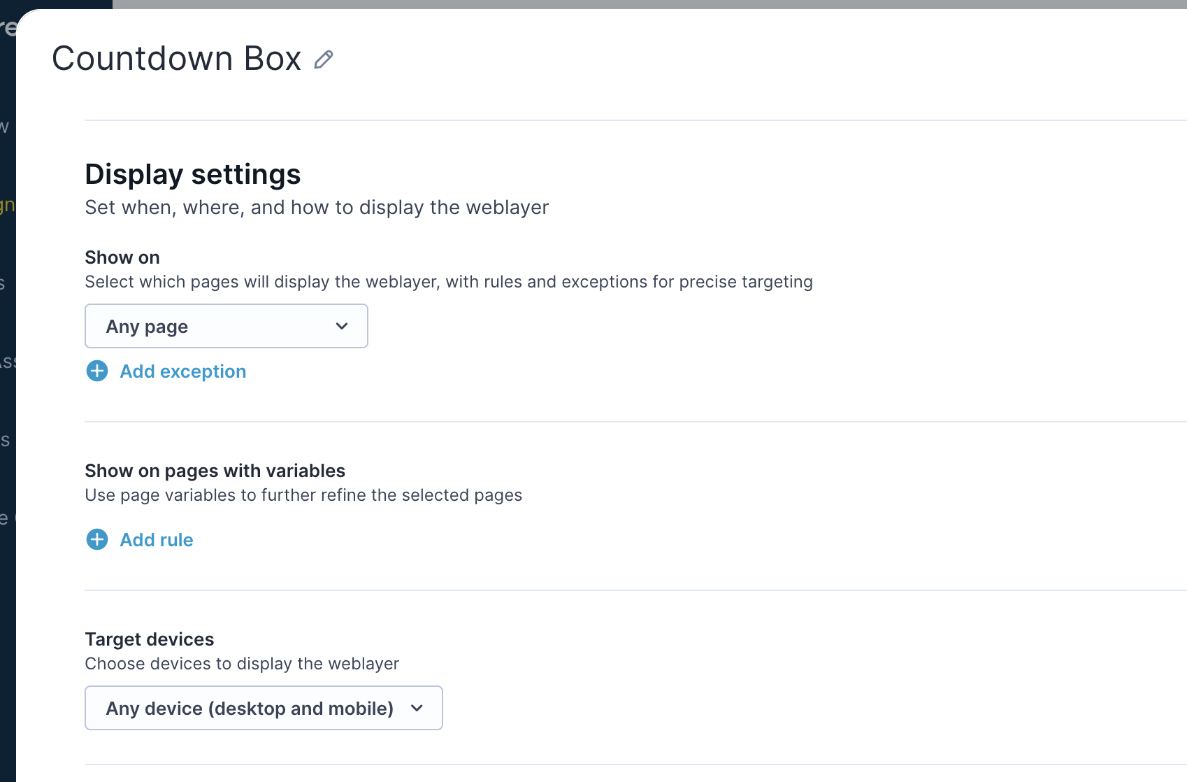 Weblayer settings - display settings in Bloomreach Engagement
