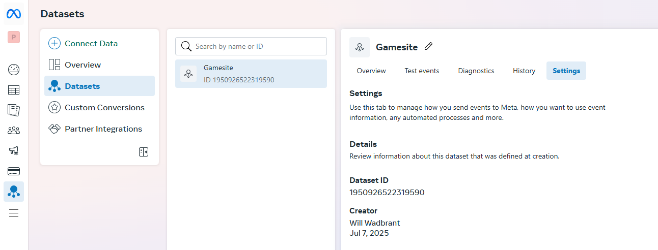 Find the Dataset ID / Pixel ID under Datasets > Project > Settings > "Dataset ID", and generate an access token just below on the same page.