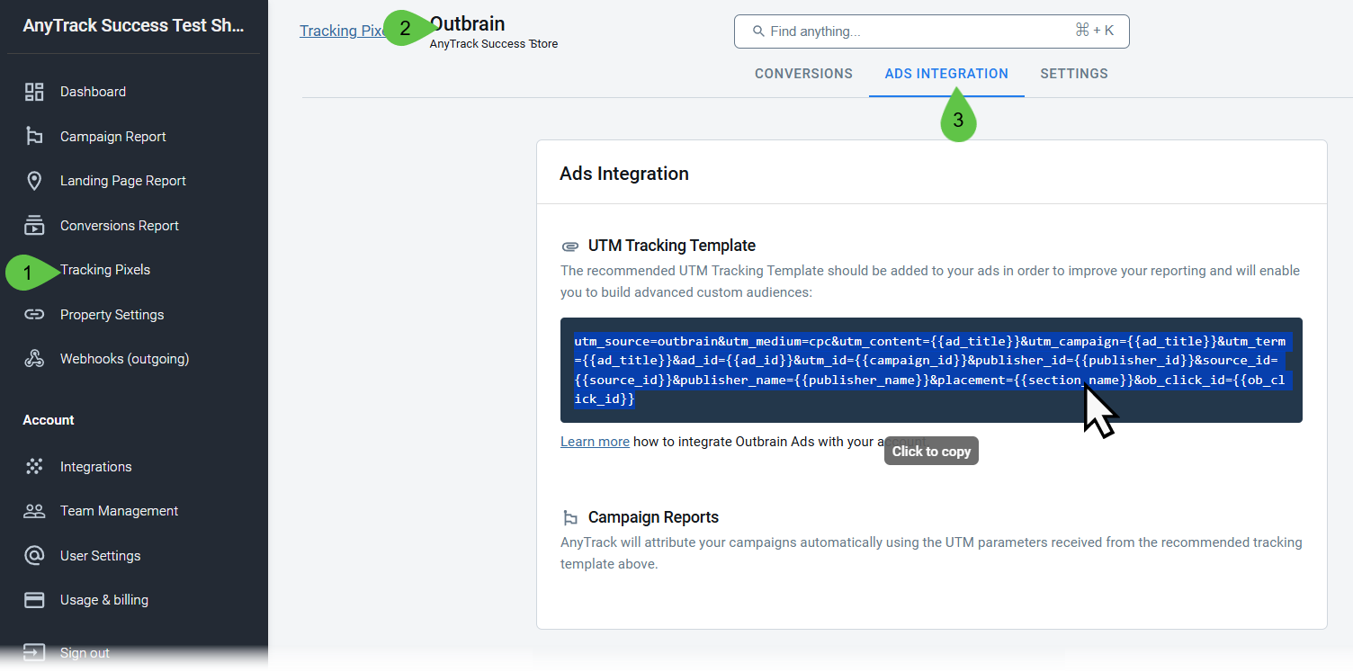 Copy the recommended UTM tracking template for Outbrain.