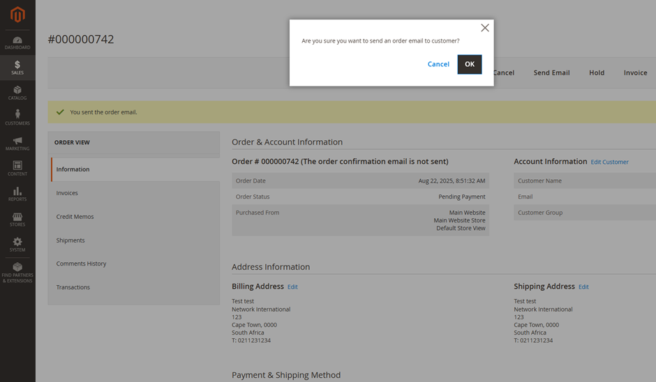Navigate to the orders screen and click on Send Email to resend the payment link. 