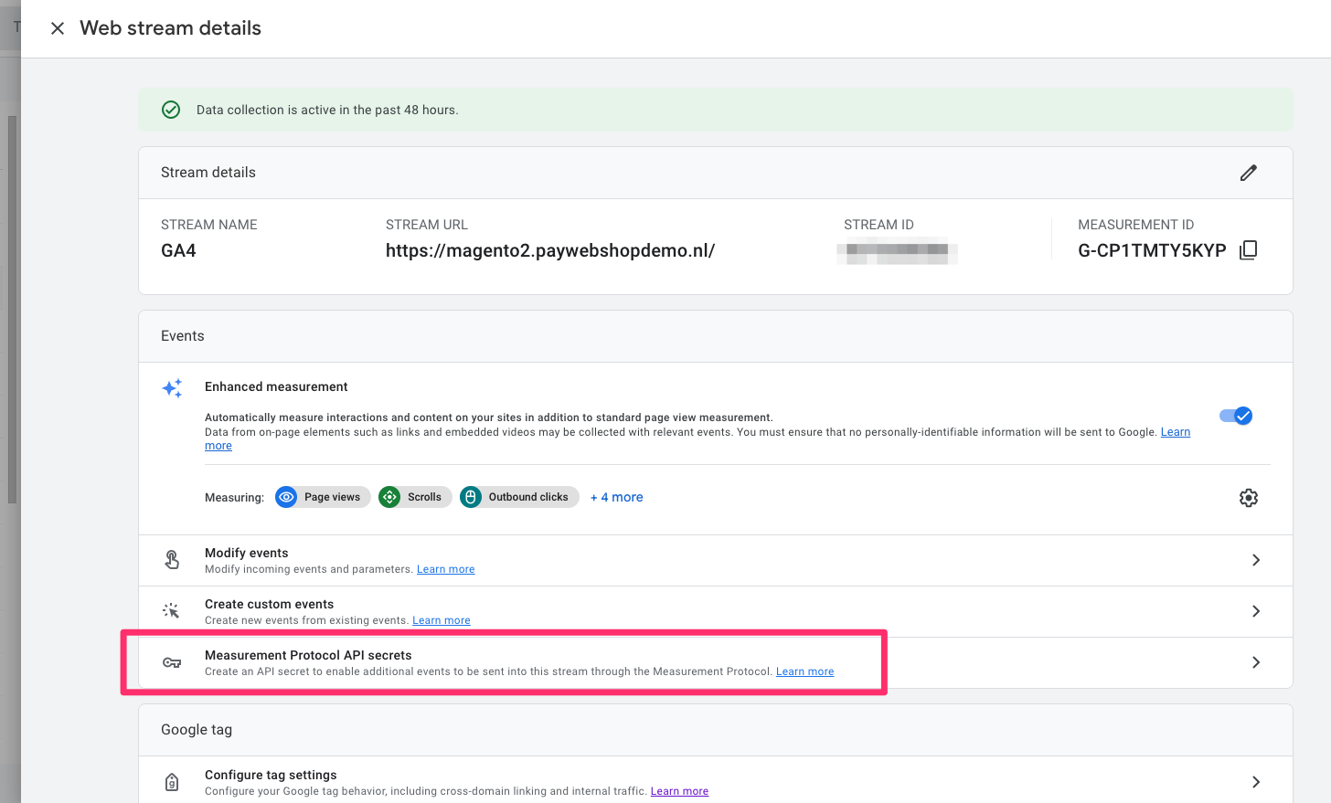 Go to Data Streams > Measurement Protocol API secrets
