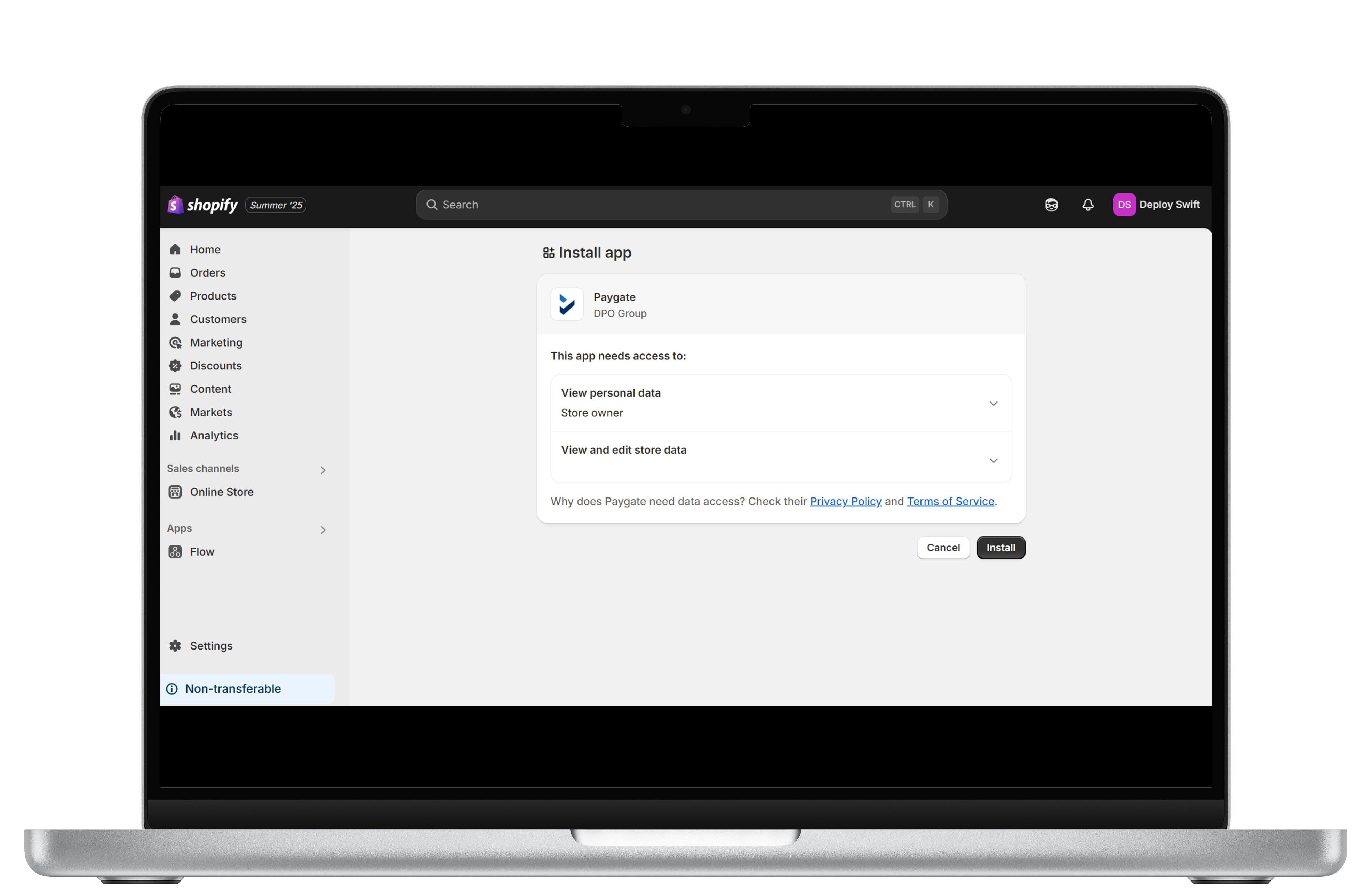 Follow the link and cick install to get Paygate for Shopify up and running in no time.