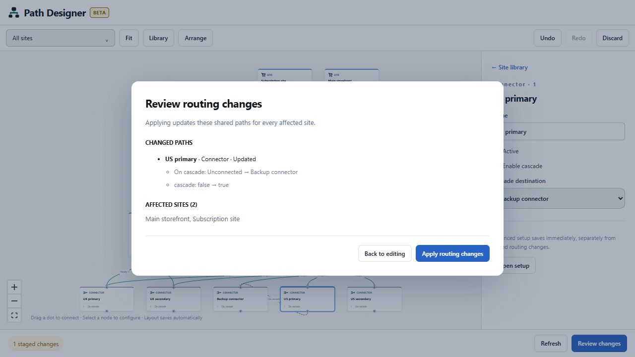 Review dialog showing a cascade change and both affected sites