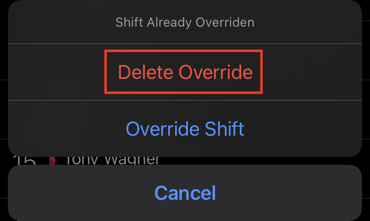 A screenshot of the PagerDuty mobile app showing how to delete override