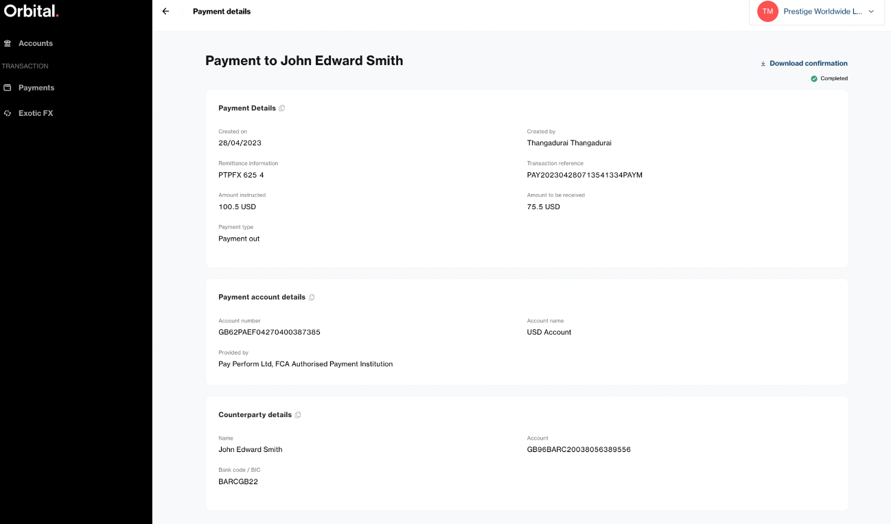 Payment details screen showing expanded information about a specific payment