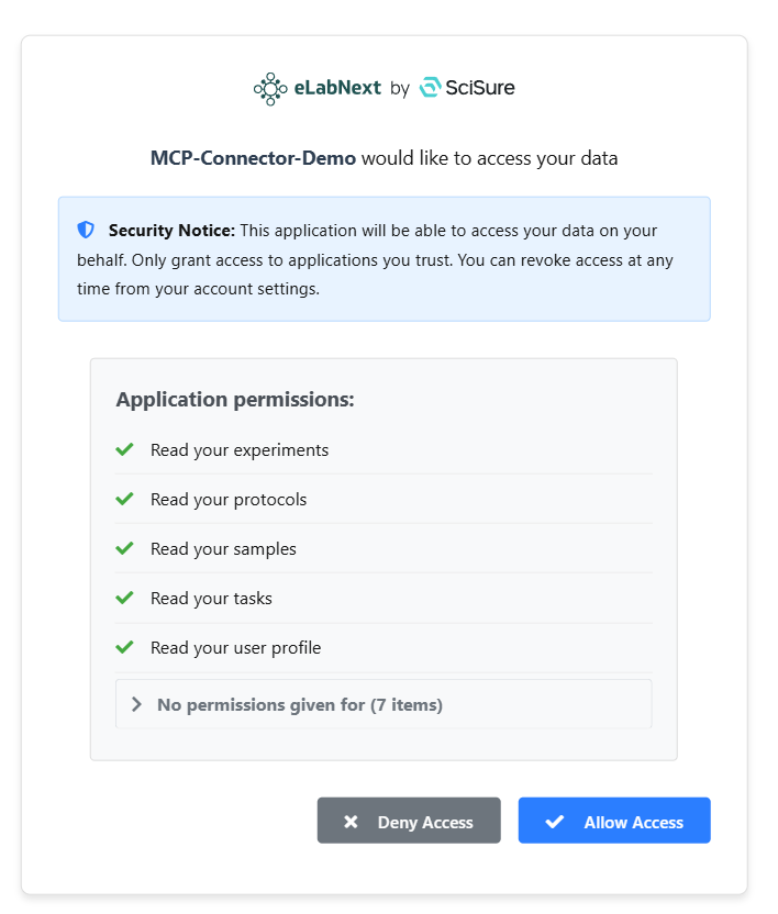 SciSure Research authorization page listing application permissions with Deny Access and Allow Access buttons