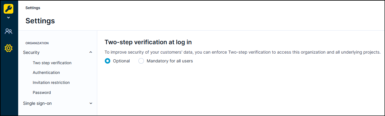 Two-step verification enforcement settings showing two options: Optional and Mandatory for all users.