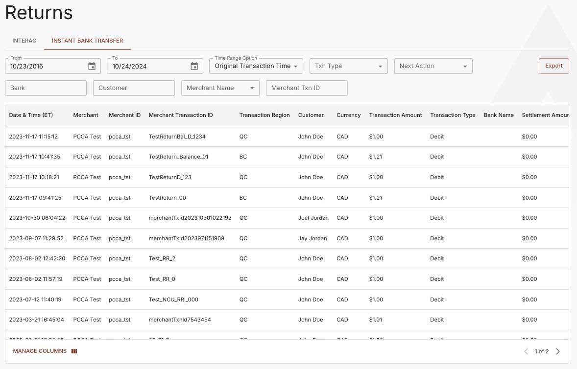 Instant Bank Transfer Returns Report