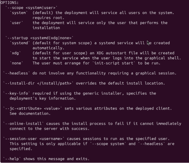 A command window shows the available options for a Linux Jump Client installer.