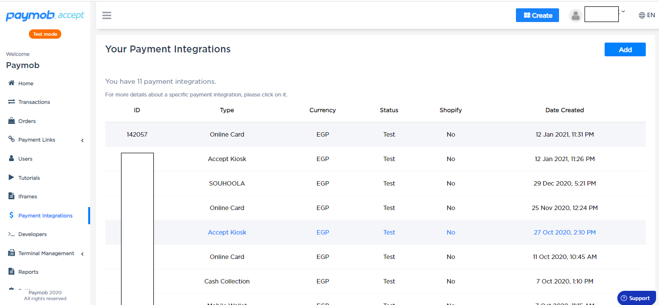 Accept Dashboard - Payment Integrations tab.