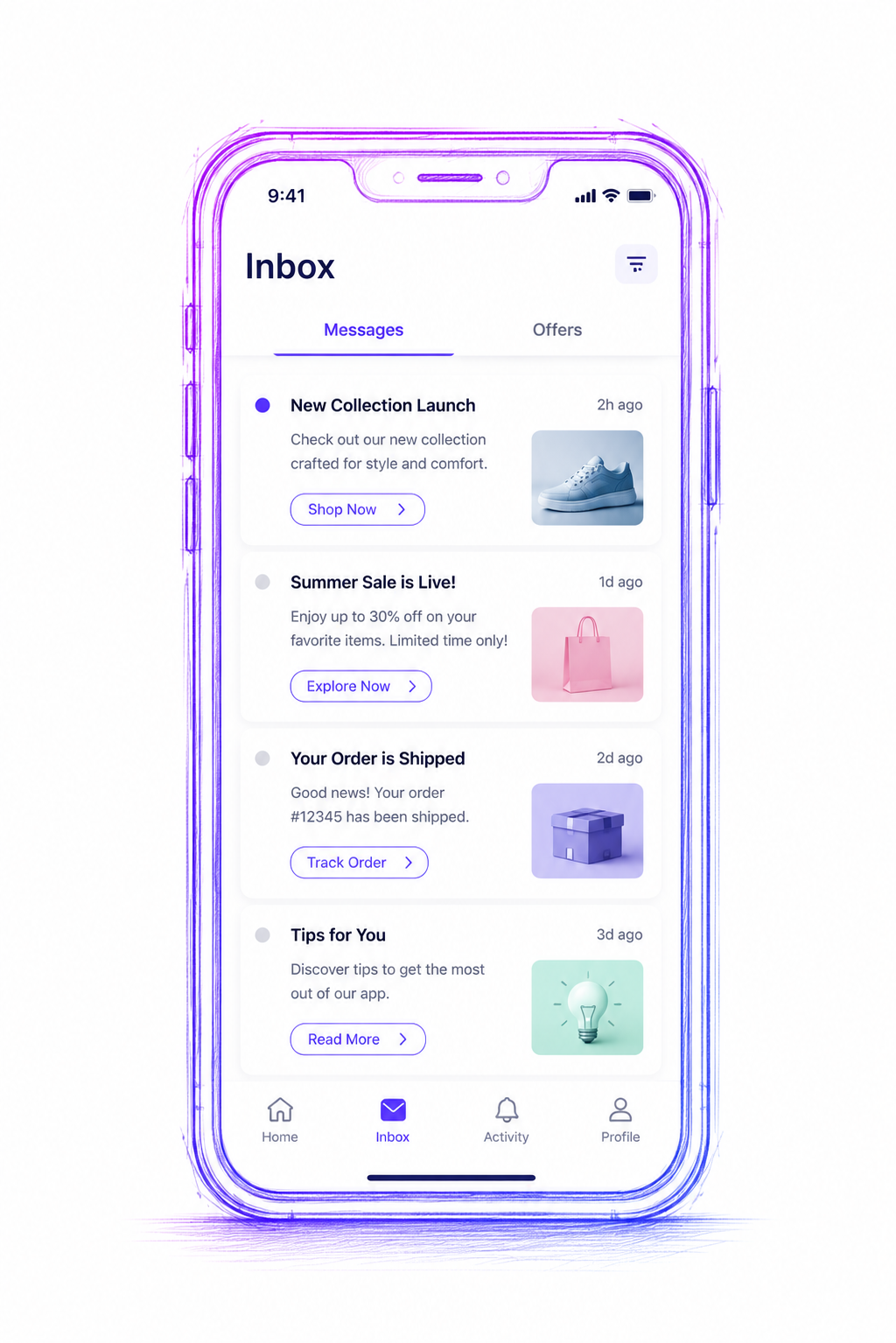 Wireframe of a custom inbox list row: title, body text, thumbnail media on the right, unread indicator dot on the left, and CTA button below