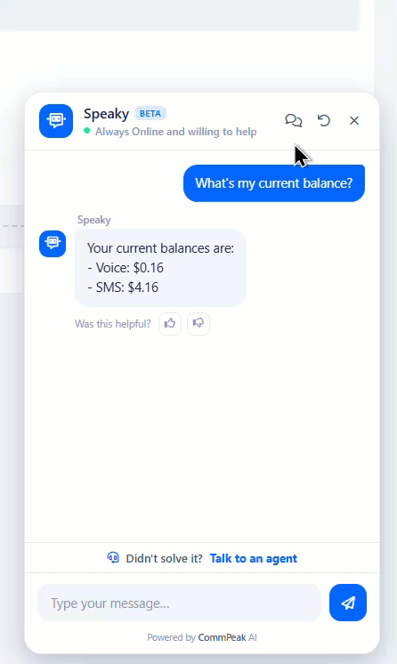 Screenshot of the  Show Previous Conversations with Agents option