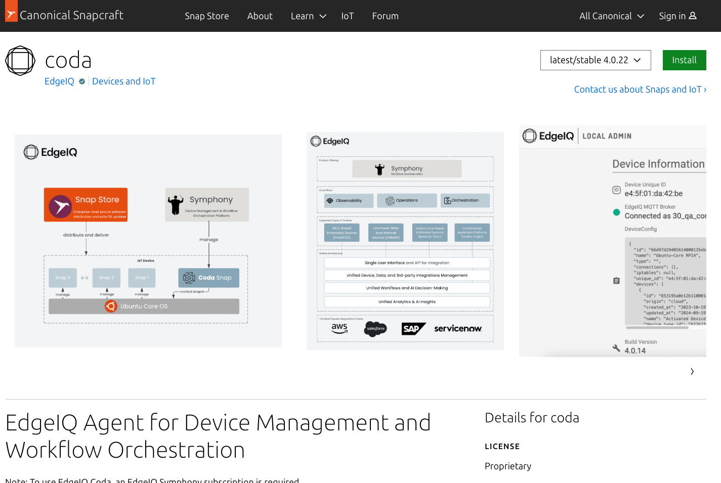 EdgeIQ Coda is available as an official image the Canonical Snap Store