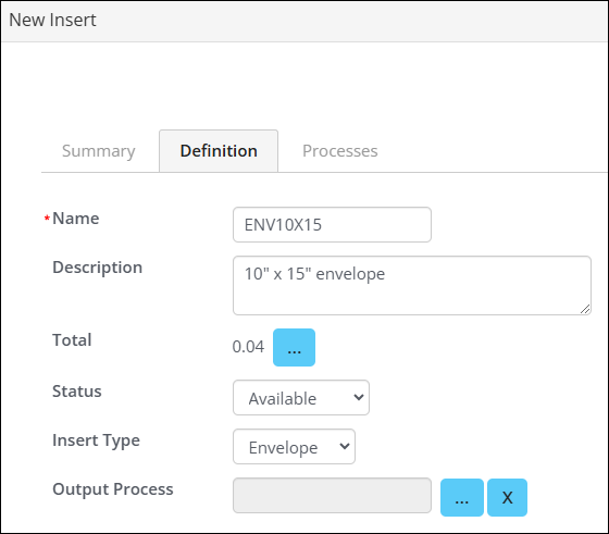 The Definition tab of the new insert contains the details listed in step 10.