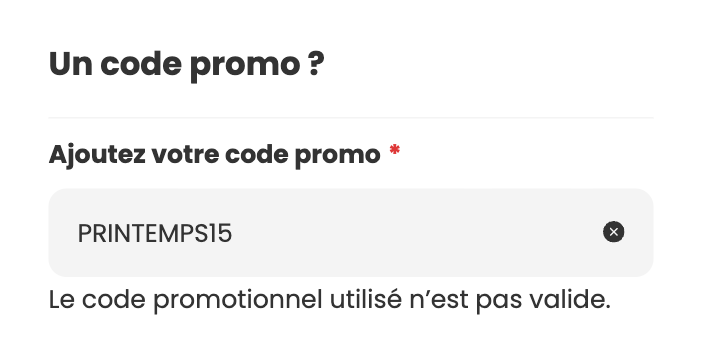Message d'erreur affiché au client lorsqu'un code promo est refusé sur le site de commande