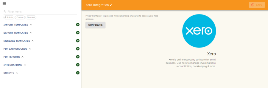 Xero Integration window