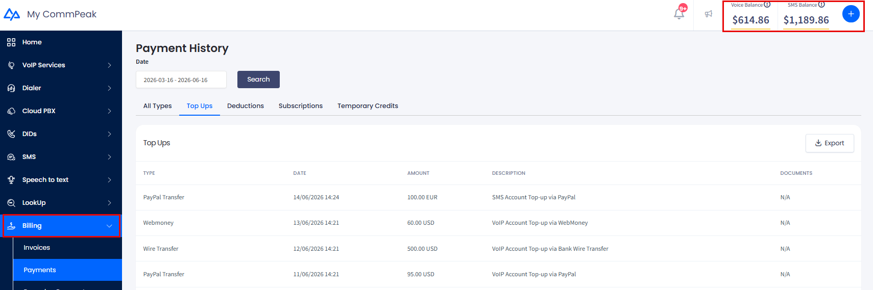 Screenshot of billing information monitoring options
