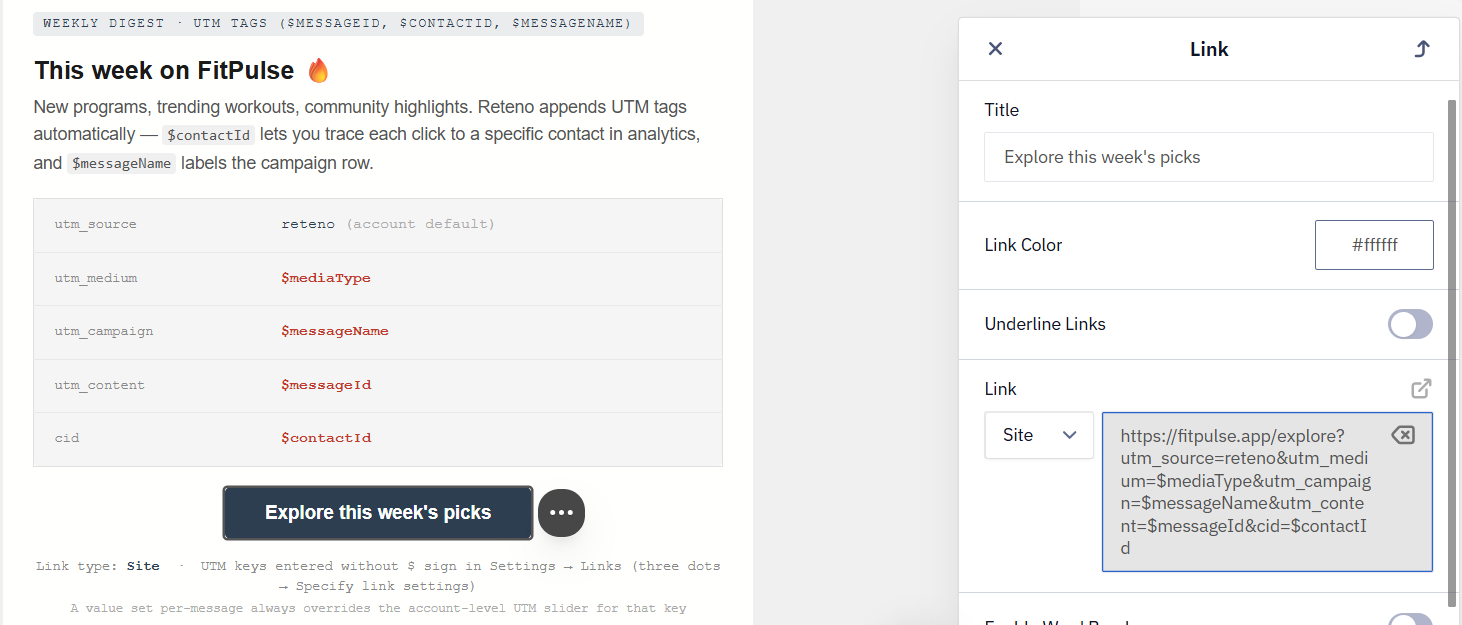 Reteno Specify link settings dialog opened from the three-dots menu, with UTM keys entered next to their fields without the $ sign.