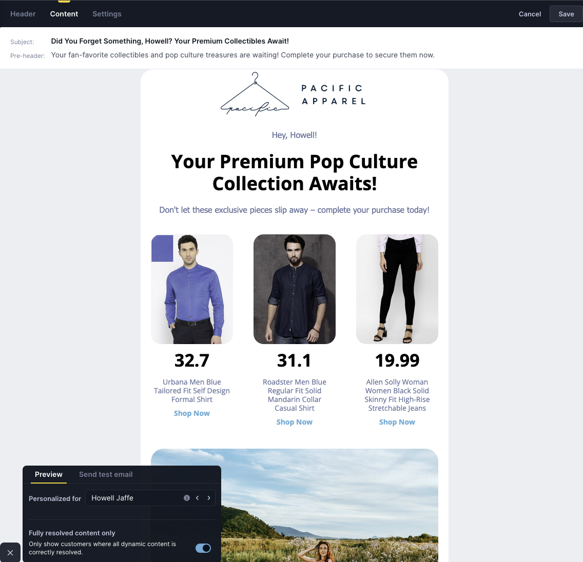 Preview panel showing customer selector with "Personalized for: Howell Jaffe" and toggle for "Fully resolved content only