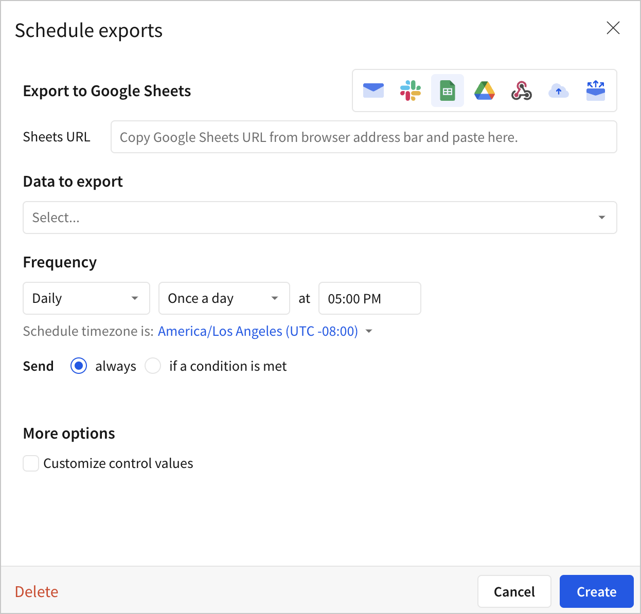 Schedule exports modal with Google Sheet selected and other options described in surrounding text.