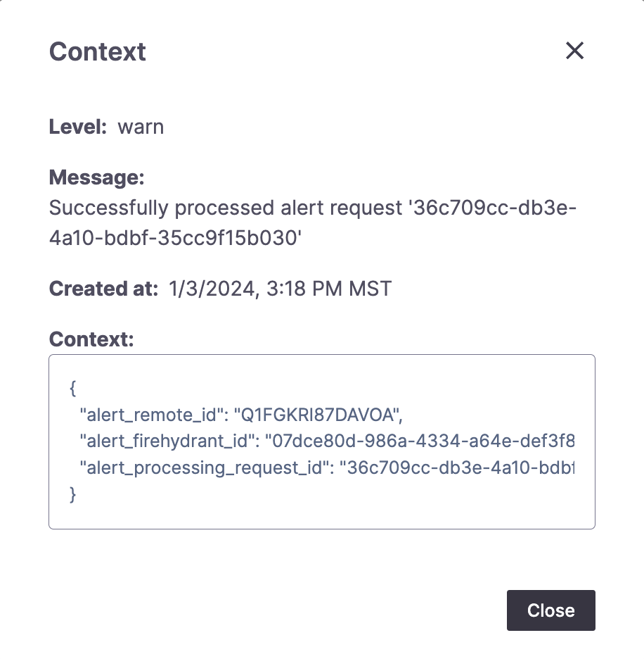 Example alert log context modal