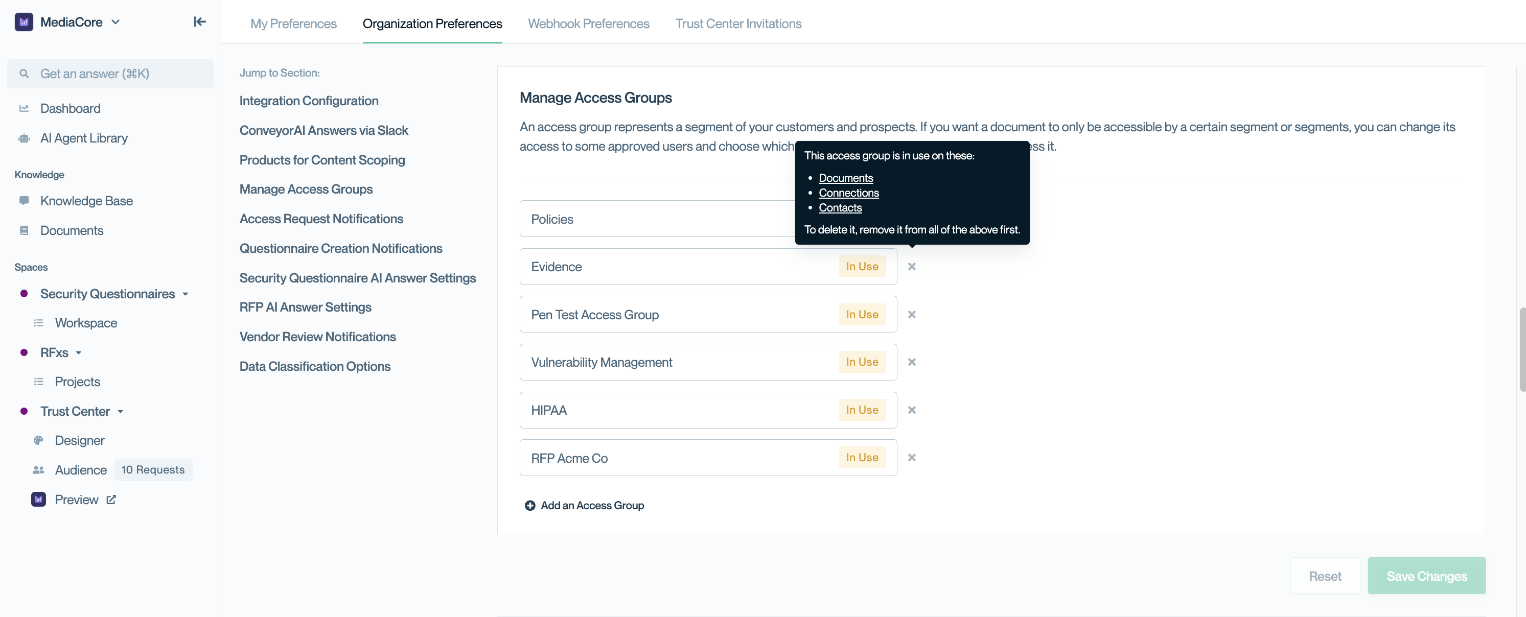 Organization Preferences page showing the Manage Access Groups list. A tooltip is displayed next to the HIPAA group explaining that it’s currently in use on Contacts and must be removed before deletion.
