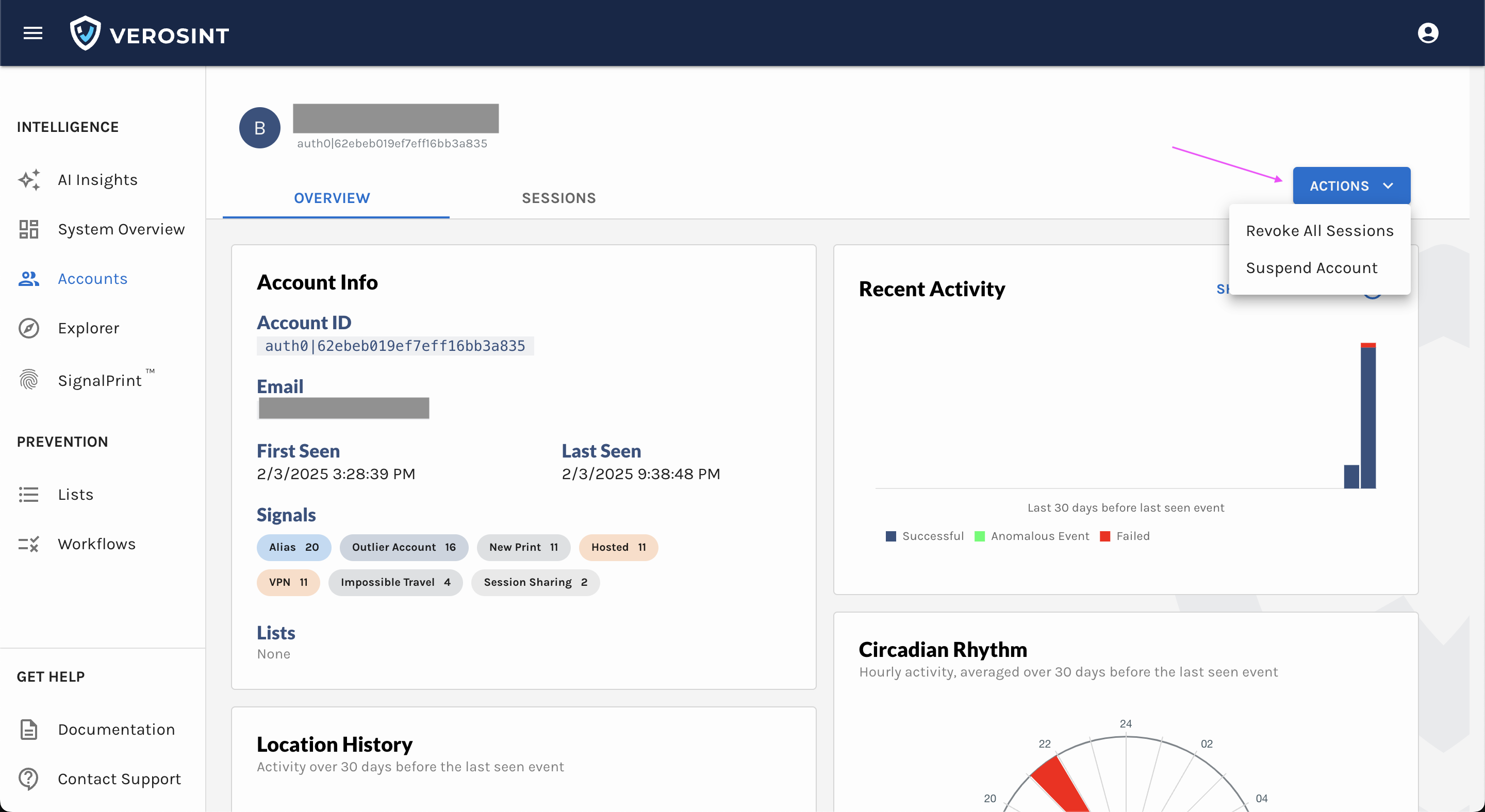 Navigate to the Account Intelligence page to **Revoke All Sessions** or **Suspend Account**