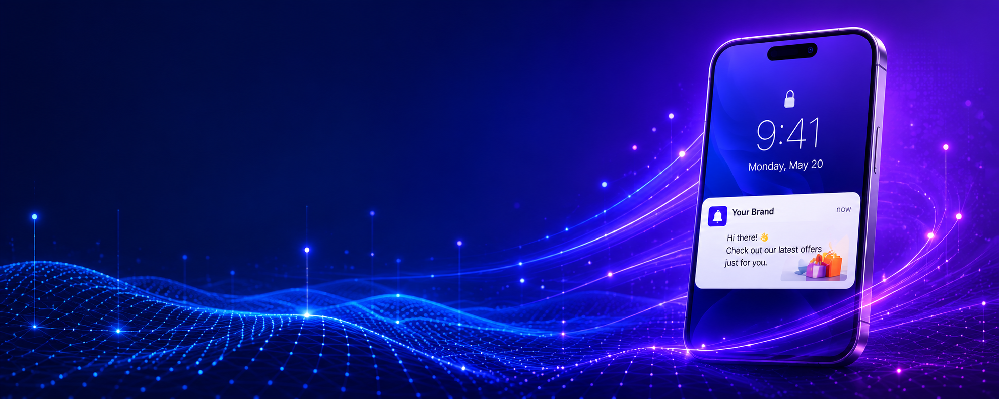Futuristic smartphone with glowing digital waves