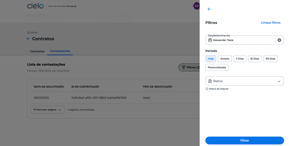 Tela para fazer os filtro e localizar as contestações de contratos