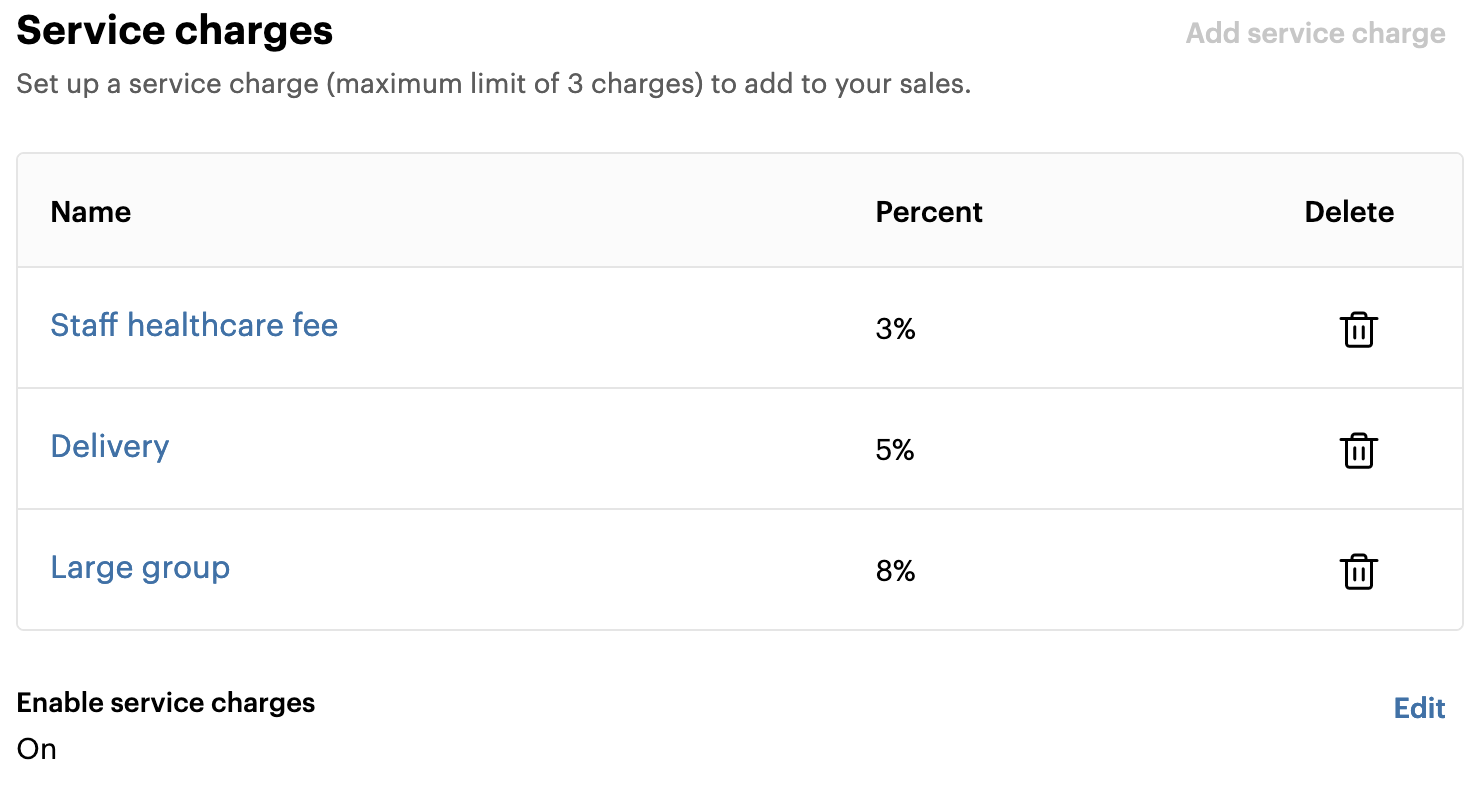 Web dashboard—Service charge added